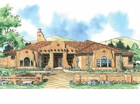 Mission House Plan with 3353 Square Feet and 3 Bedrooms from Dream Home Source | House Plan Code DHSW42404 Spanish Style House Plans, Southwest House Plans, Santa Fe Style Homes, Southwest House, Mission House, Adobe Home, Kitchen Elegant, Stucco Homes, Southwestern Home