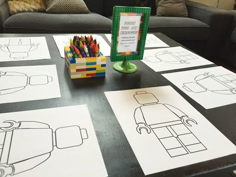 Lego Movie-Themed Birthday Party - Fab Everyday Coloring Station For Kids Party, Lego City Birthday, Coloring Station, Lego Party Games, Lego Movie Birthday, Lego Party Decorations, Lego Movie Party, Party Activities Kids, Lego Themed Party