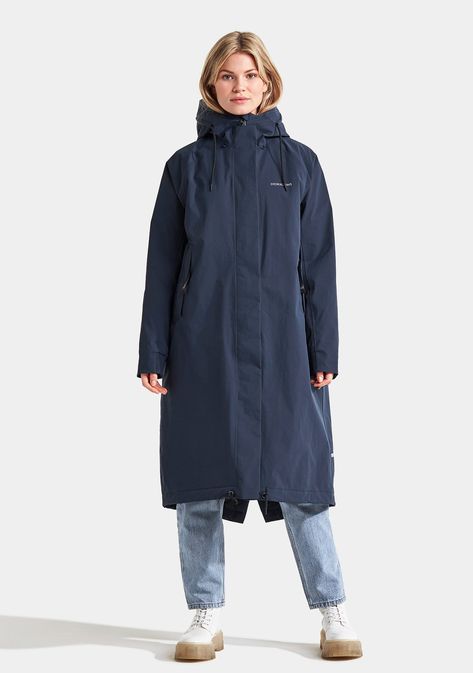 Blue Parka Outfit, Parka Coat Outfit, Blue Waterproof Fall Parka, Sporty Blue Hooded Parka, Blue Parka With Drawstring Hood, Didriksons Parka Woman, Blue Winter Parka With Adjustable Hood, Nordic Fashion, Parka Outfit