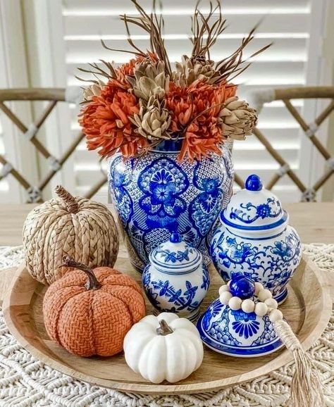 Blue Willow Fall Decor, Fall Decor With Blue Accents, Chinoiserie Thanksgiving, Fall Decor With Blue, Blue And Orange Fall Decor, Chinoiserie Diy, Blue And White Fall Decor, Orange Fall Decor, Blue Thanksgiving