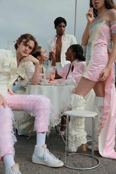 Editorial shoot idea, tea party, pastel Garden Attire, Tea Party Photoshoot, Wonderland Photoshoot, Morally Grey, Party Photoshoot, Editorial Shoot, Dream Machine, Breakfast Tea, 90s Streetwear