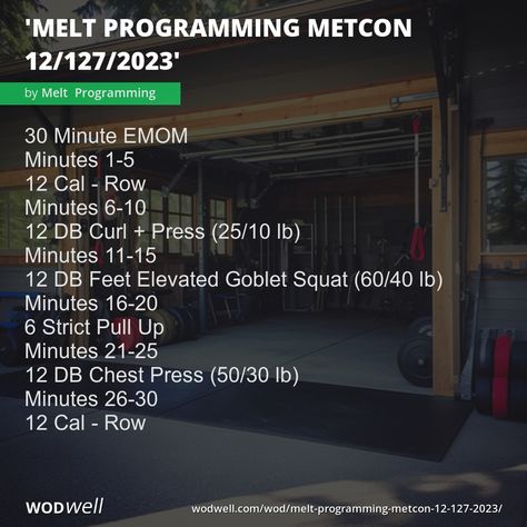 "Melt Programming MetCon 12/127/2023" Workout, | WODwell - 30 Minute EMOM; Minutes 1-5; 12 Cal - Row; Minutes 6-10; 12 DB Curl Press (25/10 lb); Minutes 11-15; 12 DB Feet Elevated Goblet Squat (60/40 lb); Minutes 16-20; 6 Strict Pull Up; Minutes 21-25; 12 DB Chest Press (50/30 lb); Minutes 26-30; 12 Cal - Row Elevated Goblet Squat, Crossfit Workout Program, Metcon Workout, 2023 Workout, Db Curl, Workout Girl, Chest Press, Goblet Squat, Crossfit Workout