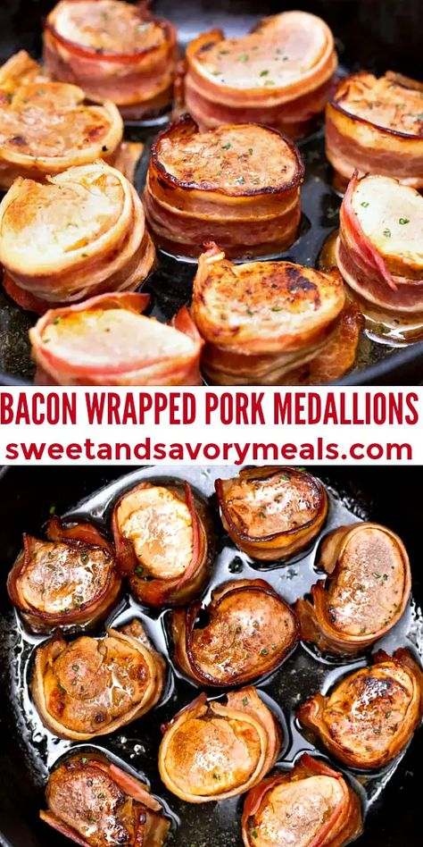 Bacon Wrapped Pork Medallions - Sweet and Savory Meals Bacon Wrapped Pork Medallions, Brown Sugar Roasted Carrots, Pork Medallion Recipes, Bacon Wrapped Pork Loin, Bacon Wrapped Pork Chops, Pork Tenderloin Medallions, Bacon Wrapped Pork Tenderloin, Pork Wraps, Pork Medallions