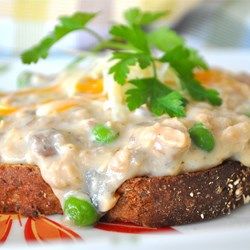 Creamed Salmon on Toast - Allrecipes.com Creamed Salmon On Toast, Creamed Salmon, Salmon On Toast, Salmon And Peas, Peas On Toast, Creamed Peas, Buttered Toast, Cheap Easy Meals, Old Bay