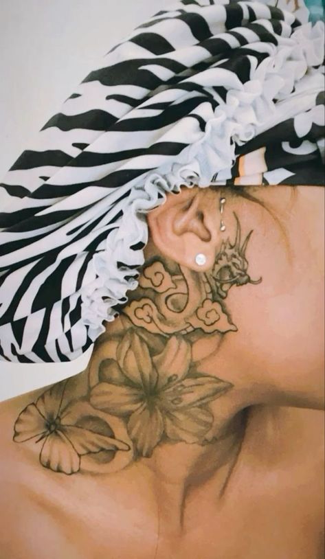 Unapologetic Tattoo, Flower Neck Tattoos Women, Front Of Neck Tattoos Women, Big Neck Tattoos Women, Full Hand Tattoos For Women Unique, Pretty Tattoos For Women Thigh Piece, Whole Sleeve Tattoos For Women, Upper Arm Tattoos Black Women, Boujee Tattoos For Women