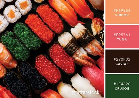 101 Color Combinations to Inspire Your Next Design – Sushi Color Palette Sushi Platte, Sushi Platter, Red Images, Sushi Set, Color Schemes Colour Palettes, Color Palette Design, Luminous Colours, Colour Board, Complementary Colors