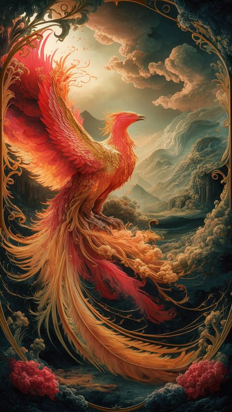 Immerse yourself in the breathtaking beauty of a majestic phoenix rising from the ashes. This vibrant wallpaper features striking red, orange, and gold hues, set against a mystical landscape inspired by Romanticism and Art Nouveau. Experience the dramatic contrasts of Baroque art and the fluid elegance of Impressionism in this transformative scene. Perfect for nature and mythology lovers. #Phoenix #Wallpaper #Art Phoenix Rebirth Art, Phoenix Rise From The Ashes, Orange Gold Aesthetic, Phoenix Color Palette, Phoenix Core Aesthetic, Black Phoenix Art, Pheonix Aestethic Wallpaper, Phoenix Realistic, Phoenix Fantasy Art