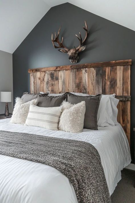 "Create a stunning bedroom centerpiece with a DIY Pallet Wood Headboard! 🛠️🛏️ Easy to build and full of character, this headboard adds warmth and style to any space. 🌿✨ #PalletWood #DIYProjects #HeadboardDesign" Pallet Wood Headboard Diy, Diy Headboard Ideas Easy, Pallet Wood Headboard, Rustic Wood Headboard, Unique Bedroom Ideas, Pallet Headboard Diy, Diy Wood Headboard, Bed Frame Plans, Farmhouse Headboard