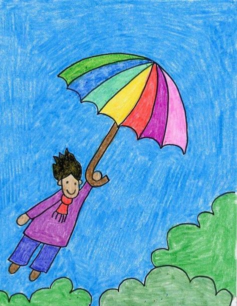 boy-holding-a-colorful-umbrella-flying-in-the-air-above-trees-crayon-drawing-step-by-step-drawing The Windy Day Activities, April Directed Drawing, Directed Drawing For Kids, Direct Drawing, April Art, Directed Drawing, Art Projects For Kids, Colorful Umbrellas, Umbrella Art