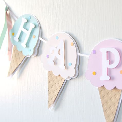 Ice Cream Birthday Banner: A Sweet, Custom Party Garland for Parties and Baby Showers Alike Done ... | Etsy (US) Ice Cream Cone Design, Ice Cream Birthday Party Theme, Two Sweet Birthday, Ice Cream Party Theme, Sweet One Birthday, Ice Cream Party Decorations, Ice Cream Decorations, Cream Birthday Party, Cone Design