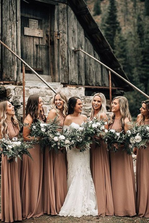 Cool Wedding Colors, Rustic Wedding Bridal Party, Braidmaids Dress, Small Barn Wedding, Bridesmaid Dresses Rustic, Rustic Bridal Party, Rustic Bridesmaid Dresses, Ski Resort Wedding, Cute Bridesmaid Dresses