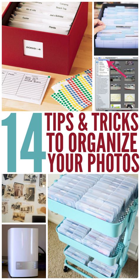 14 Simple Tips and Tricks to Organize Your Photos Photo Album Shelf Ideas, How To Organize Pictures Storage, Old Photo Organization Ideas, Picture Storage Ideas Organizing, How To Organize Pictures, Photo Boxes Ideas Storage, Declutter Pictures, How To Store Old Photos, How To Organize Photos Storage Boxes