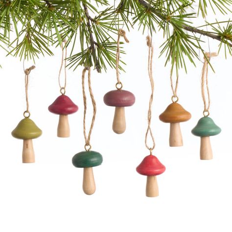 Mini Wood Mushroom Ornaments 14 Pack by World Market Flat Wood Ornaments, World Market Mushroom, Christmas Mushrooms Decoration, Wood Round Ornaments, Stick Ornaments, Mushroom Ornaments, Acorn Ornaments, Mini Mushroom, Floral Boutique