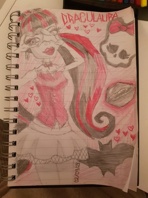 Pink monster high draculaura art page in my sketchbook Monster High Sketchbook, Pink Sketchbook Page, Monster High Drawings Sketches, Draculaura Drawing, Monster High Drawings, Pink Monster High, Draculaura Art, Notebook Drawings, High Drawings