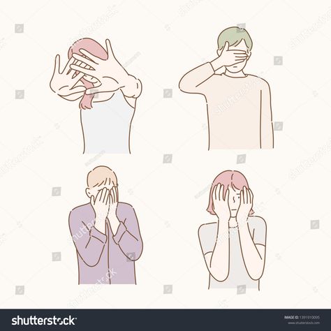 Worried or embarrassed people covering face with hands. Hand drawn style vector design illustrations. #Ad , #AFFILIATE, #covering#face#hands#Worried Hands Covering Eyes Reference, Covering Nose Pose, Hand Wiping Face Reference, Worried Drawing Reference, Hand Covering Face Drawing, Person Covering Face With Hands Drawing, Face Palm Drawing Reference, Covering Mouth With Hand Drawing, Covering Face With Hands Drawing