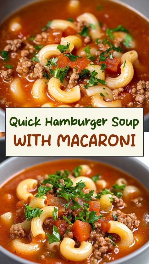 Discover a hearty and comforting recipe with this delicious hamburger soup with macaroni. This dish is perfect for cozy nights or busy weekdays when you need a quick and satisfying meal. Packed with savory flavors and wholesome ingredients, this soup is sure to become a family favorite. Try making a big batch to enjoy throughout the week or freeze some for later—it's versatile and easy to customize with your favorite herbs and spices. Warm up your kitchen and your soul with each spoonful of this Tomato Mac Beef Soup, Hamburger Soup Recipe With Pasta, Hamburger Orzo Soup, Tomato Beef Macaroni Soup, Macaroni Hamburger Soup, Ground Beef And Noodle Soup, Hamburger Minestrone Soup, Macaroni Soup Hamburger, Easy Ground Beef Soup Recipes