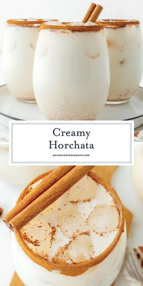 This EASY Horchata drink recipe makes the most luscious creamy and milky drink that's full of cinnamon flavor! Easily make into a cocktail! Instant Pot Horchata, Best Horchata Recipe, Horchata Recipe With Condensed Milk, Coffee Bar Drinks, Horchata Alcoholic Drink, Homemade Horchata Authentic, Horchata Creamer, Best Horchata Recipe Mexican, Horchata Martini