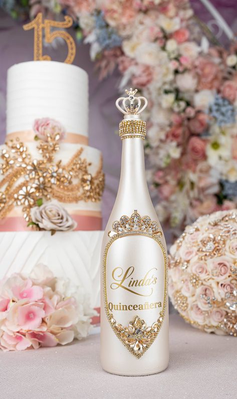 Gold quinceanera bottle Champagne Quinceanera Theme Decorations, Champagne Quinceanera Theme, Gold Champagne Bottle, Rose Gold Quince, Quince Party, Money Card Box, Quinceanera Dresses Gold, Quinceañera Ideas, Gold Quince