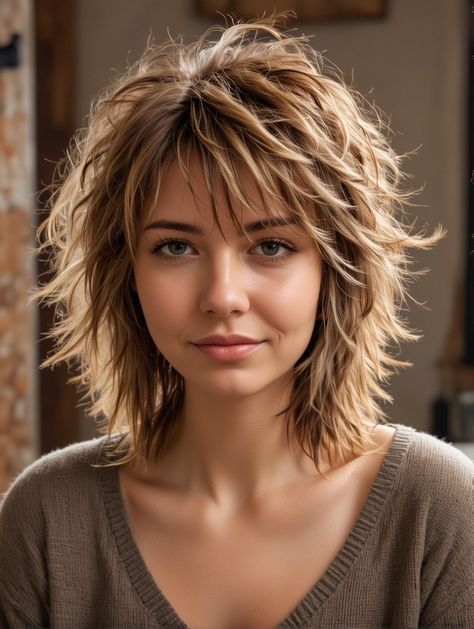 Short Wavy Hairstyles For Thinning Hair, Very Shaggy Haircuts, Medium Octopus Haircut, Haircut For Thick Hair With Bangs, Shag Haircuts For Medium Hair, Razor Shag Haircut Fine Hair, Women's Shag Haircut, Layered Cut Short Hair, Medium Layered Shag With Fringe