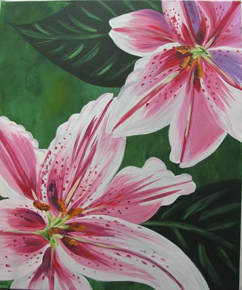 Lilies Painting Acrylic, Lilly Acrylic Painting, Lilies Flowers Painting, Lilium Painting, Pink And Green Painting Ideas, Lily Painting Acrylic, Lily Flower Painting, Lillies Painting, Lilly Painting