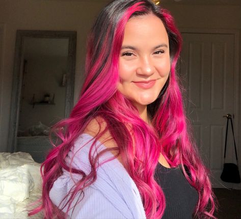 Hot Pink Hair Balayage, Bright Pink Peekaboo Hair, Brown To Hot Pink Ombre Hair, Bright Pink Highlights In Brown Hair, Hot Pink Underneath Hair, Bright Pink Balayage, Hot Pink Money Piece Hair, Black And Hot Pink Hair, Pink Hair On Brown Skin