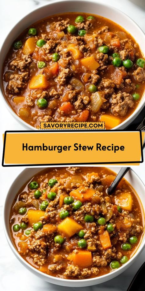 This Hamburger Stew Recipe combines tender ground beef with potatoes, carrots, and rich seasonings for a satisfying meal. Ideal for busy weeknights, it’s a simple yet flavorful choice among ground beef recipes. Serve it up with crusty bread for a cozy dinner everyone will love! Ground Beef With Potatoes, Beef Potatoes And Carrots, Beef With Potatoes, Ground Beef Stew Recipes, Ground Beef Potatoes, Ground Beef Stews, Hamburger Stew, Beef Potatoes, Easy Beef Stew