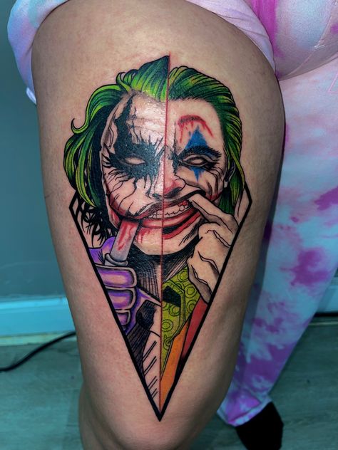 Joker Tattoo split between Heath Ledger and Joaquin Phoenix. Feminine Tattoos With Meaning, Feminine Cursive Tattoo, Joker Tattoo For Women, Tato Joker, Cursive Tattoo Fonts, Joker And Harley Tattoo, Joker Tattoos, Tattoo Names, Cursive Tattoo