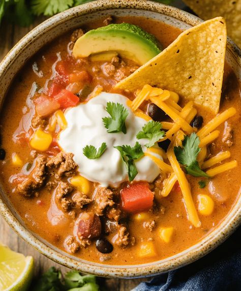 Creamy Beef Enchilada Soup Recipe Beef Tortilla Soup, Beef Enchilada Soup, Enchilada Soup Crockpot, Mexican Beef Soup, Creamy Enchilada, Enchilada Soup Recipe, Chorizo Soup, Beef Enchilada, Soup Crockpot