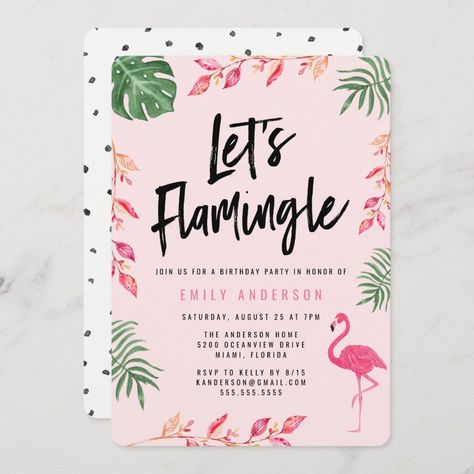 Let's Flamingle   Birthday Party Invitation - birthday invitations Tropical Birthday Invitations, Pool Birthday Invitations, Flamingle Party, Flamingo Watercolor, Flamingo Baby Shower, Tropical Birthday Party, Let's Flamingle, Flamingo Birthday Party, Summer Party Invitations