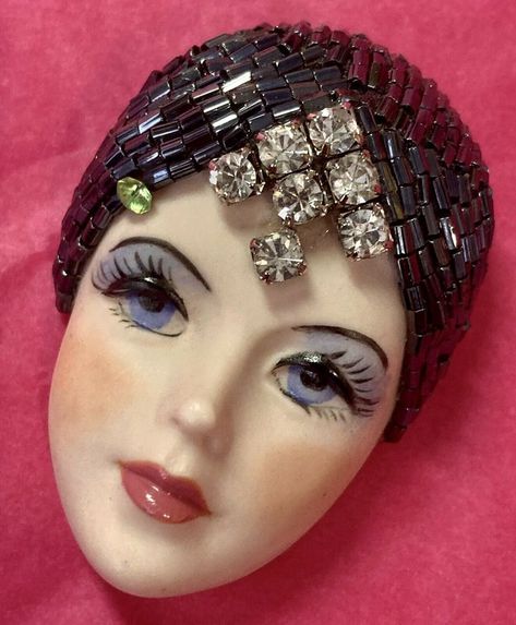 Whimsical Princess, Brooch Ideas, Ceramic Face, Venetian Carnival Masks, Lady Face, Face Brooch, Collage Material, Art Studio Design, Hollywood Hair