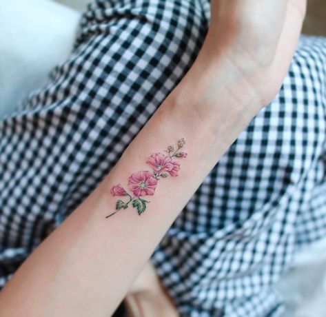 Hollyhock 🌿 Hollyhock Tattoo, Flash And Arrow, Olive Tattoo, Hp Tattoo, Beautiful Flower Tattoos, Tattoos For Women Half Sleeve, Tattoo Feminina, Subtle Tattoos, Flower Tattoo Designs