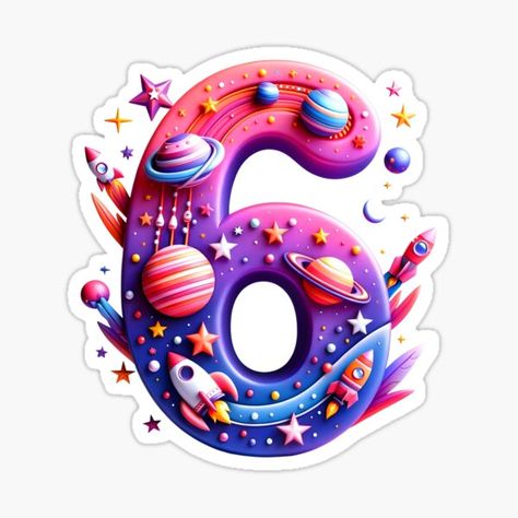 Number "6", designed with a vibrant cosmic theme. The number is adorned with various space-related elements including planets, stars, a rocket, and rings similar to Saturn's. The color palette is rich with purples, blues, pinks, and a touch of orange, crea Chocolate Techniques, Planet Cake, Space Crafts For Kids, Solar System Projects, Galaxy Cake, Number Art, Space Birthday Party, Simple Cake Designs, Number 0