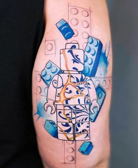 Lego Tattoo Ideas, Kintsugi Tattoo Ideas, Lego Couple, Kintsugi Tattoo, Lego Tattoo, 20 Tattoo, Couple Tattoo Ideas, Tattoos Creative, Sketch Style Tattoos