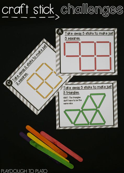 Awesome craft stick challenges for kids! Great for brain breaks, early finisher tasks or STEM challenges. Craft Stick Puzzles, Stem Bins, Stem Boxes, Stem Centers, Playdough To Plato, Stem Challenge, Stem Challenges, Stem Projects, Card Challenges