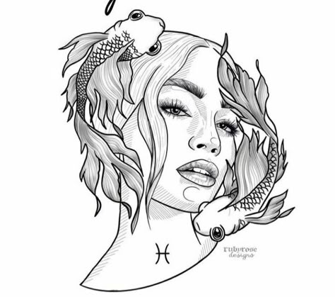 Pisces Woman Tattoo, Pisces Tattoo Goddess, Pisces Woman Art, Pisces Zodiac Tattoo, Pices Zodiac Tattoo Women, Pisces Drawing, Pisces Goddess Tattoo, Pices Zodiac Tattoo, Face Tattoos For Women