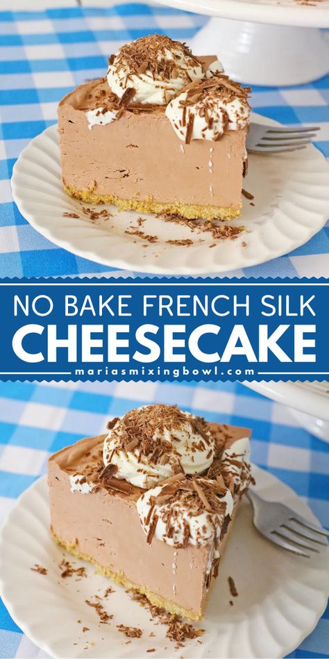 What your Labor Day party ideas need! It's a no-bake French Silk Cheesecake. With the rich flavor of a French silk pie, this simple no-bake recipe for chocolate cheesecake is one of the best summer desserts! French Silk Frosting Recipe, Cheesecake Mix No Bake, French Silk Cheesecake, Cheesecake Filling No Bake, French Style Cheesecake, Cheesecake Pie No Bake, Gluten Free No Bake Cheesecake, Gluten Free Cheesecake Recipe, Non Bake Cheesecake