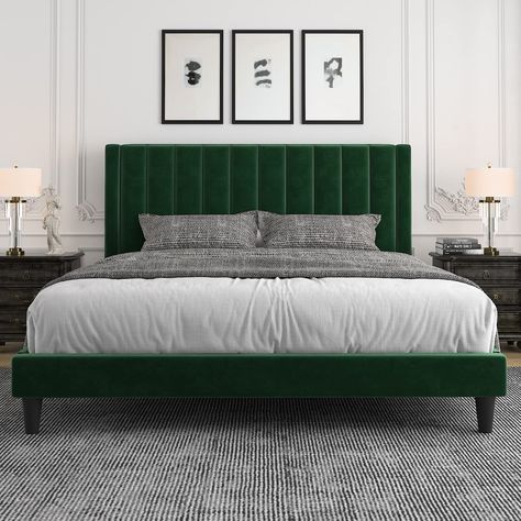 Amazon.com: Allewie Queen Bed Frame/Velvet Upholstered Bed Frame with Vertical Channel Tufted Headboard/Strong Wooden Slats/Platform Bed Frame/Mattress Foundation/Box Spring Optional/Easy Assembly/Green : Home & Kitchen Bed Frame Velvet, Channel Tufted Headboard, Leather Upholstered Bed, Fabric Upholstered Bed, Best Platform Beds, Steel Bed Frame, Velvet Upholstered Bed, Bed Platform, Queen Size Platform Bed