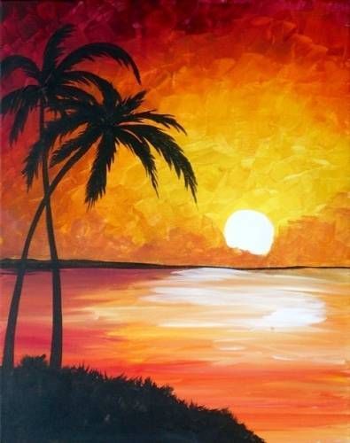 30 Creative Easy Painting Ideas for Beginners, Simple Landscape Canvas – Paintingforhome Easy Acrylic Beach Painting, Easy Forest Painting For Beginners, Simple Diy Paintings, Siloette Ideas Painting, Easy Landscape Ideas Painting, Painting On Canvas Simple, Super Easy Paintings, Landscape Paintings Easy, Palm Tree Paintings