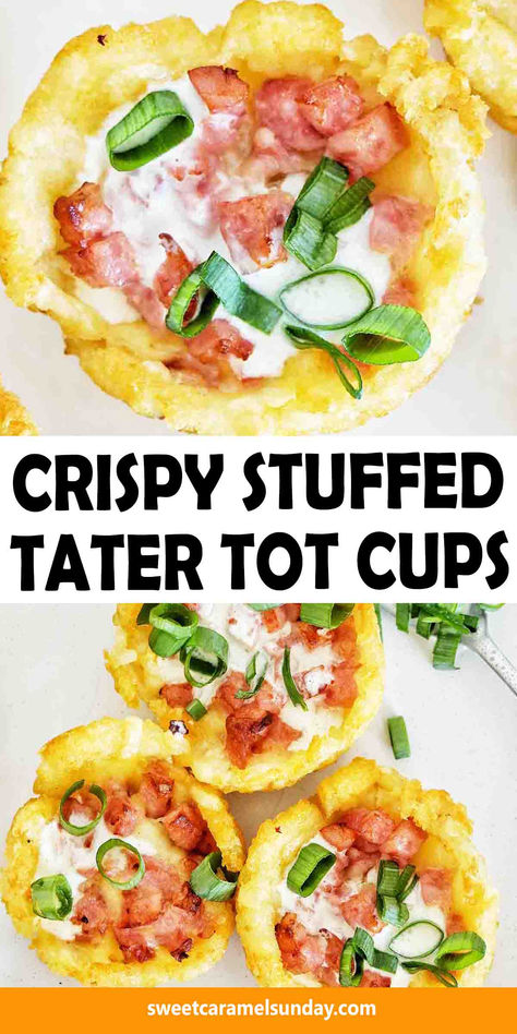 Stuffed tater tot cups on white plate with text written between 2 images. Tater Tot Muffin Tin Recipes, Tater Tot Cups, Tater Tot Appetizers, Loaded Tater Tot, Frozen Tater Tots, Seasoned Veggies, Popular Appetizers, Muffin Tin Recipes, Sunday Recipes