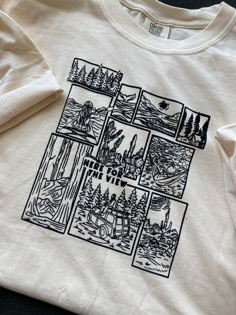 This Shirt is on preorder. and will take some time to ship! about 4 days to ship.  This T-shirt is perfect for Hikers, adventures, nature lovers. and anyone who just loves the great outdoors! It is made on procreate then reproduced through screen printing then washed.  Made with 100% combed and ring-spun cotton. The shirts are very lightweight and extremely soft. (Brand of shirt, Comfort Colors )  Washing instructions: + Washing inside out is recommended + Hand wash cold or machine wash cold with like color on gentle cycle + Hang dry or tumble dry low on gentle cycle ** Please refer to the sizing chart before ordering to ensure the correct fit! **  I hope my products encourage you to get outside and explore the beautiful around you! If you have any questions about my designs, Shirts, or th Different Tshirt Designs, Layered Vinyl Shirts, Summer Camp Sweatshirt, Hand Drawn T-shirt Design, Print Design On Clothes, Outdoorsy Graphic Tees, Medical T Shirt Designs, Fun Tshirt Ideas, Ideas For Shirts Design