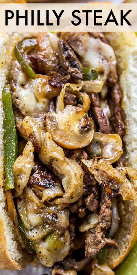 An authentic recipe for Philly Cheesesteak Sandwich. Thinly sliced beef with mushrooms, onions and pepper topped with Provolone cheese in hoagie rolls.