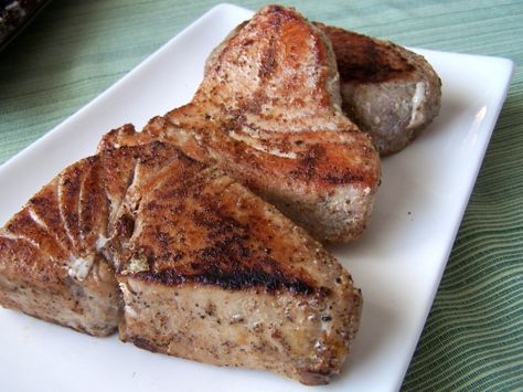 Seared Spicy Tuna Steaks Yellow Fin Tuna Recipe, Garlic Pork Loin, Tuna Steak Recipe, Ahi Tuna Steak Recipe, Healthy Steak Recipes, Seared Tuna Steaks, Ahi Tuna Steak, Tuna Steak Recipes, Pork Loin Recipe