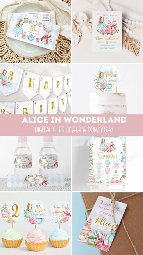 Digital Files | Instant Download | Editable Alice in Wonderland Birthday Bundle, Printable Party Kit, Printable Onederland Birthday Decoration, Alice and White Rabbit Alice In Wonderland Invitations, Tea Party Decor, Wonderland Invitation, Wonderland Party Decorations, Alice In Wonderland Birthday, Milestone Poster, Tea Party Decorations, Alice In Wonderland Party, Mad Tea Party