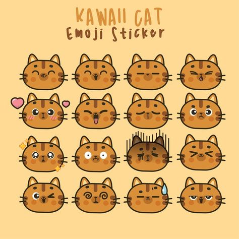 Cat Expressions Illustration, Excited Cartoon Face, Cat Faces Illustration, Cartoon Cat Expressions, Cat Expressions Drawing, Cute Cat Expressions, Cat Character Illustration, Cat Face Illustration, Kawaii Expressions