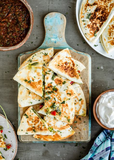 Veggie & Pepper Jack Quesadillas with Cilantro-Lime Pesto - Hello Veggie Vegetarian Quesadilla Recipes, Veggie Quesadilla Recipes, Vegetarian Quesadillas Recipes, Healthy Quesadilla, Veggie Quesadilla, Pepper Pesto, Vegetarian Quesadilla, Ham And Potato Soup, Quesadilla Recipes