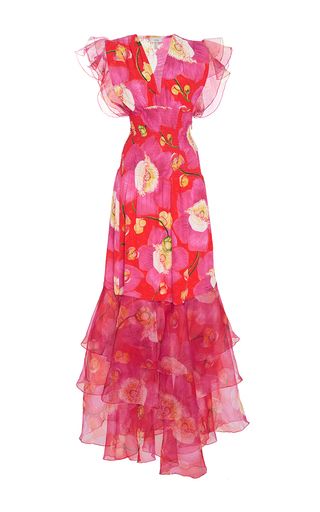 Flower Dress Design, Dress Moda Operandi, Layered Ruffle Dress, Flower Pattern Dress, Floral Ruffle Dress, Floral Pattern Dress, Frilly Dresses, Tiered Ruffle Dress, Ruffle Sleeve Dress