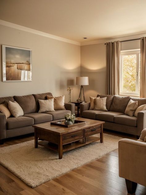 Brown Ivory Green Living Room, Light Brown Furniture Living Room, Cream Color Couch, Tan Walls Living Room, Cream And Brown Living Room, Brown Living Room Decorating Ideas, Brown And Cream Living Room, Brown Walls Living Room, Brown Furniture Living Room