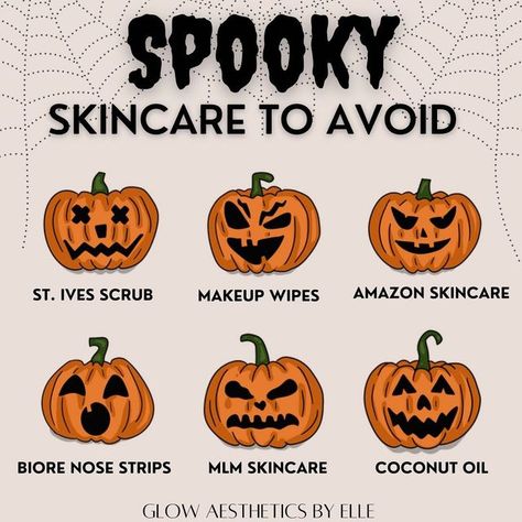 ELLE SMITH | GLOW AESTHETICS LLC on Instagram: "I get the heebie-jeebies just thinking about them 👻 #spookyskincare #skin #skintips #skincare #skincaretips #skincareproducts #skincareillustration #fallskincare #acneskincare #cringyskincare #idahoesthetician #burleyidaho #masteresthetician #skincarespa #glowingskin #skincaretreatment #beautifulskin #facial #facialtreatment #esthetician #esthetics #skincareprofessional #helpfultips #stives #biore #coconutoil #mlmskincare #makeupwipes #skinknowled October Esthetician, Skin Creative Ads, Halloween Esthetician Post, Halloween Skin Care, Fall Skincare Aesthetic, Fall Esthetician Posts, Spooky Esthetician, Spooky Skincare, Halloween Esthetician