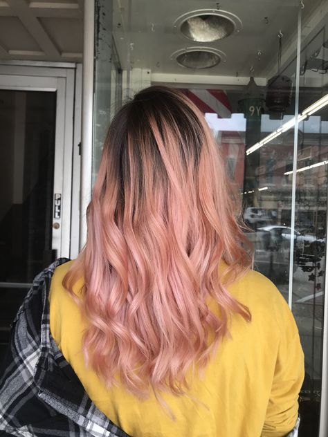 Rose Gold Hair Brunette Straight, Rose Gold Hair With Dark Roots, Rose Gold Toner Hair, Rose Gold Hair Dark Roots, Rose Gold Toner, Balayage Hair Brunette Long, Hair Dark Roots, Rose Gold Hair Brunette, Pink Balayage