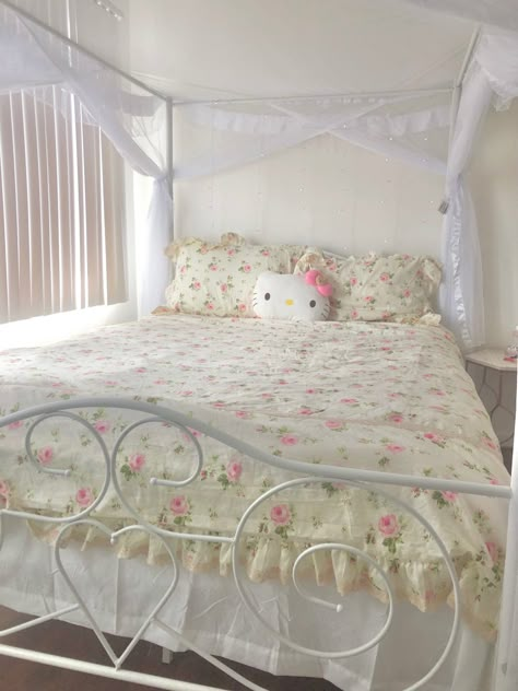 dollette lucycore canopy bed aesthetic heart coquette angelic floral frilly lace bed frame pink white lana del ray fairy lights cozy cottage cottage core fairy core bedding Coquette Bed, Sharpay Evans, Girly Tingz, Retro 2000s, Gyaru Makeup, Girl Blogging, Coquette Pink, Girly Room, Kids Makeup